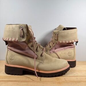 Timberland Roll Top Boots Womens 8 Tan Pink Leather Canvas Lace Up